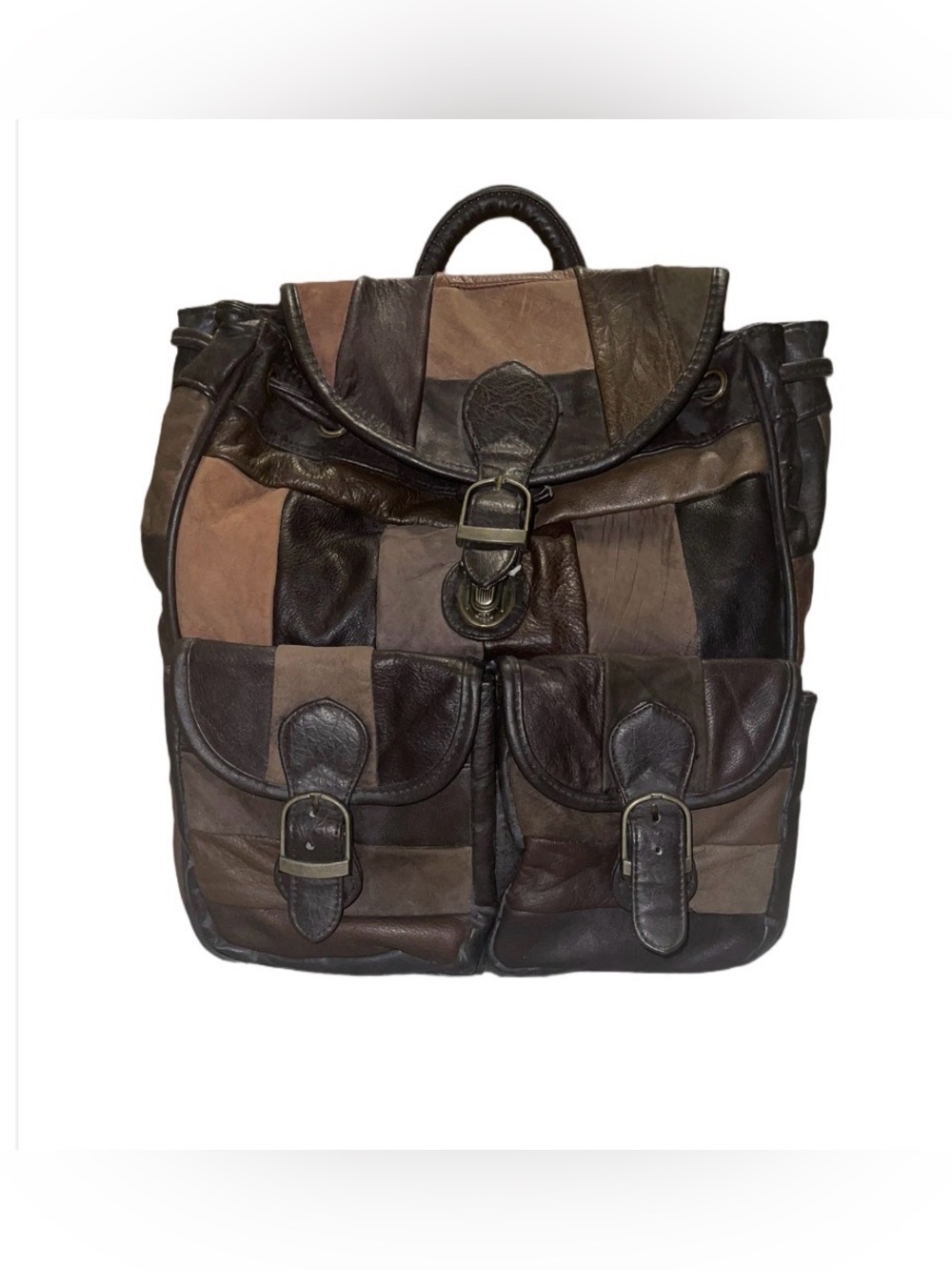Vintage Leather Patchwork Backpack - Brown Multi EUC